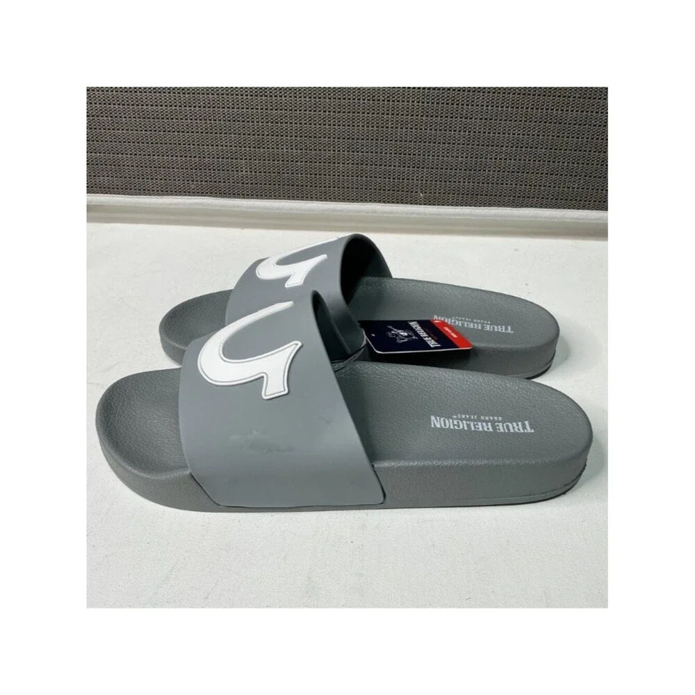 True Religion Mens Slides Gray Logo Size 9 Casual Slip-On Sandals
